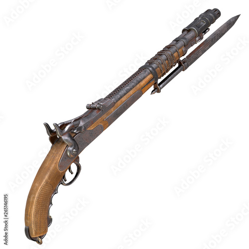 Fantasy bleed musket in post-apocalypse style with a knife on an isolated white background. 3d illustration
