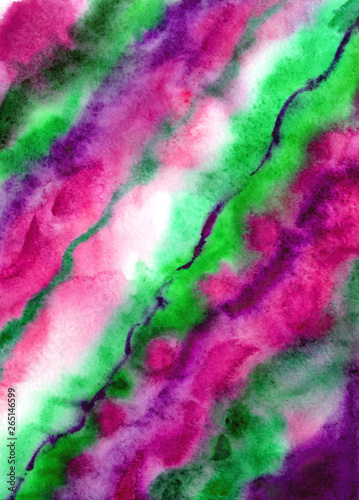Diagonal abstract watercolor background in pink and green colors, stripes and blurry scenic spots.