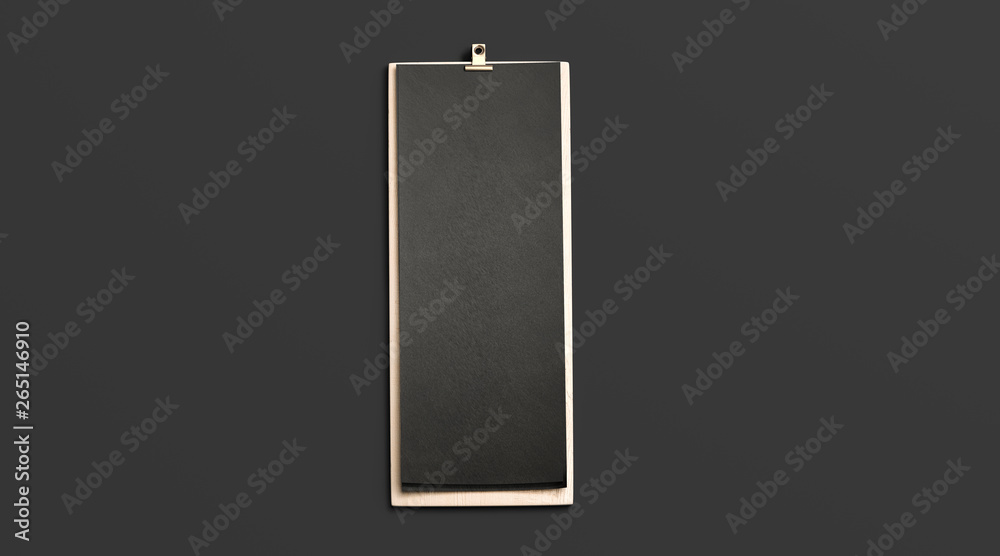 Blank black cafe menu, wooden board mock up, 4 inch, top view, 3d rendering. Empty wooden clipboard with dark paper sheet mockup isolated. Clear restaurant or bar white carte template.