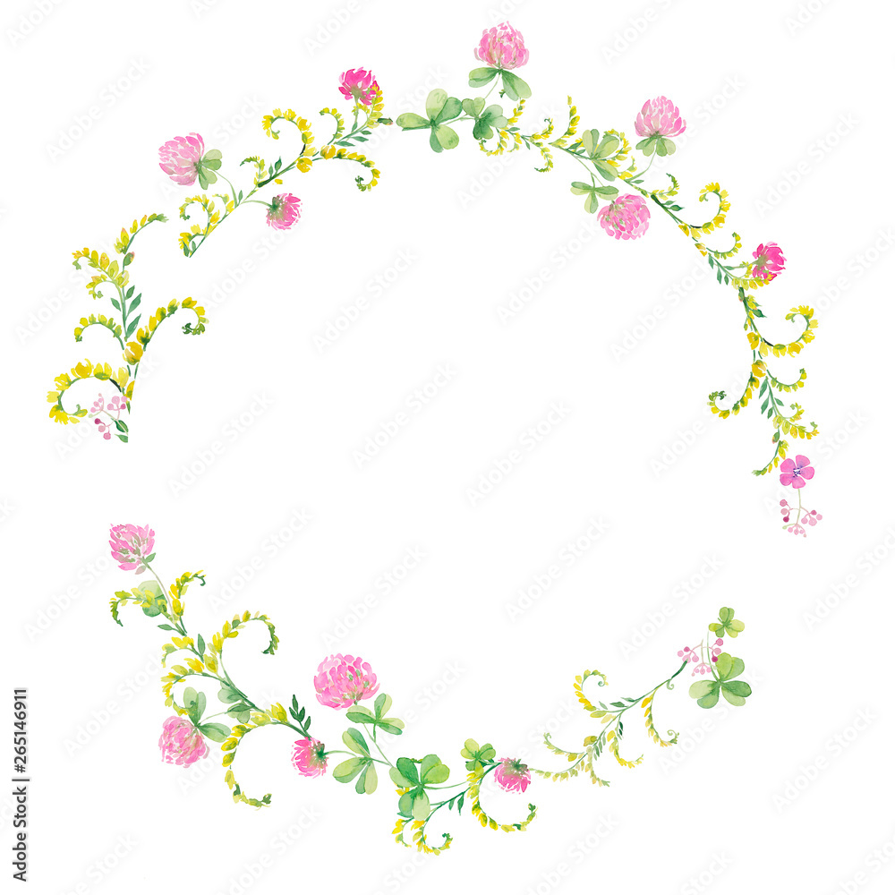 Watercolor wreath of flowers pink clover and yellow vetch. Hand drawing for cards, invitations