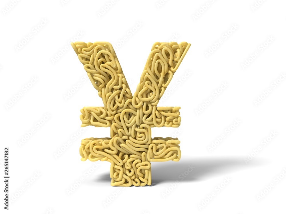 Obraz premium noodle in shape of yuan symbol. curly spaghetti for cooking. 3d illustration