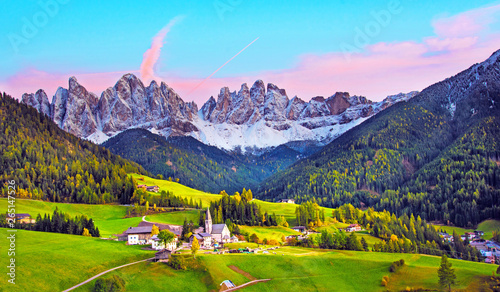 Incredible spring landscape with the church in the valley of Santa Magdalena, Italy, Europe, Dolomites at dawn
