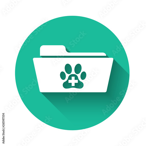 White Medical veterinary record folder icon isolated with long shadow. Dog or cat paw print. Document for pet. Patient file icon. Green circle button. Vector Illustration