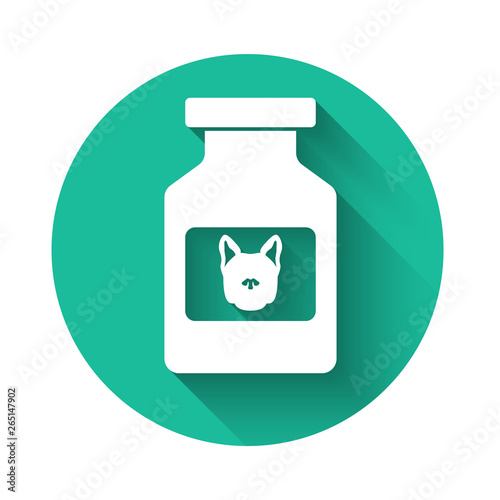 White Dog medicine bottle icon isolated with long shadow. Container with pills. Prescription medicine for animal. Green circle button. Vector Illustration