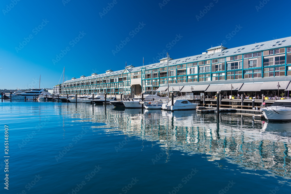 Picturesque Woolloomooloo wharf with white yachts and boats
