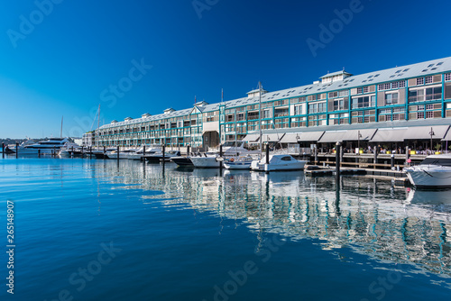 Picturesque Woolloomooloo wharf with white yachts and boats