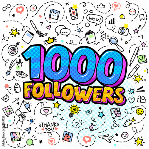 One thousand followers illustration in pop art style.