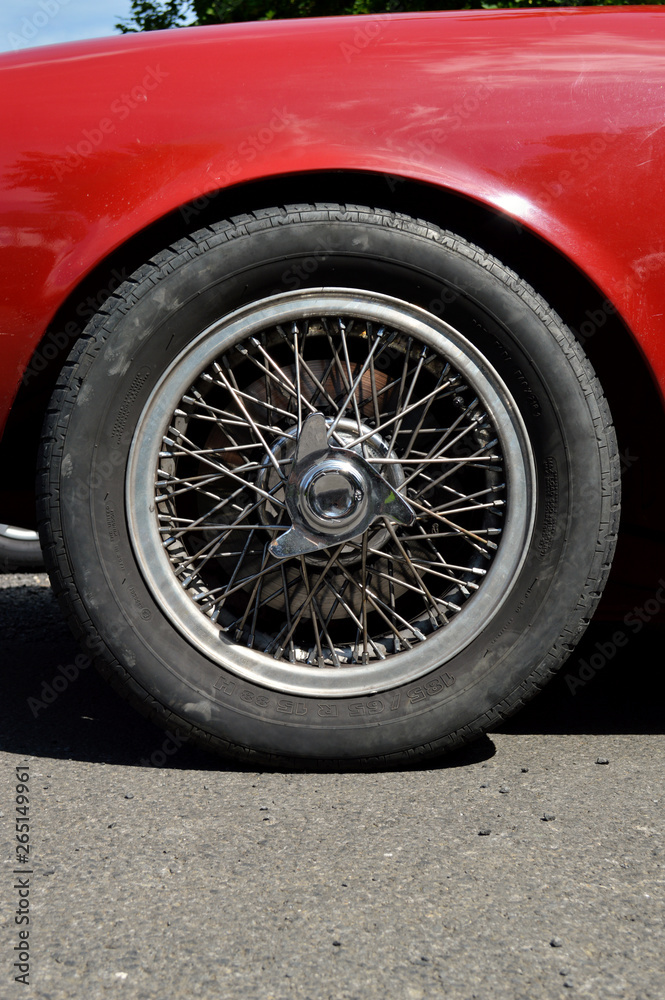 A front wheel with rim of old car collection or classic car