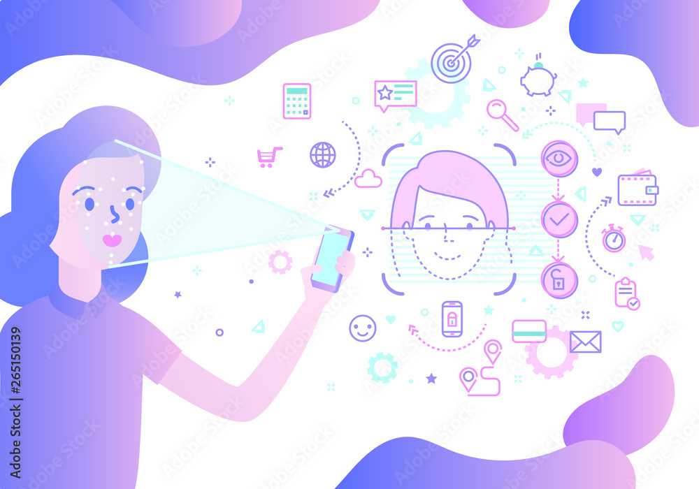 Obraz premium Concept of Face ID. Face Recognition Abstract Tech Background With Line art Icons.