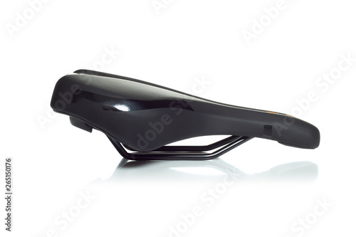 Black leather bicycle saddle isolated on white background. Side view.
