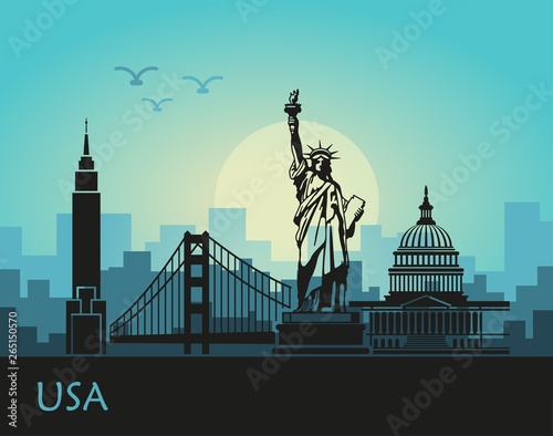 Abstract landscape of the city with sights of the USA