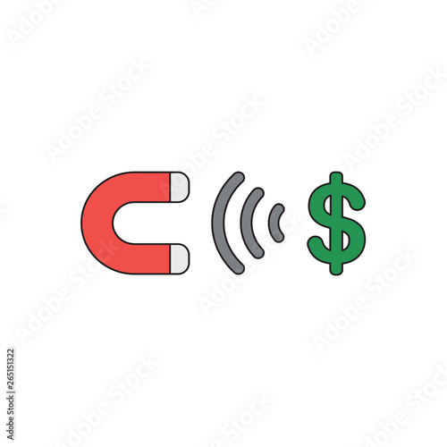 Vector icon concept of magnet attracting dollar symbol. Black outlines and colored.
