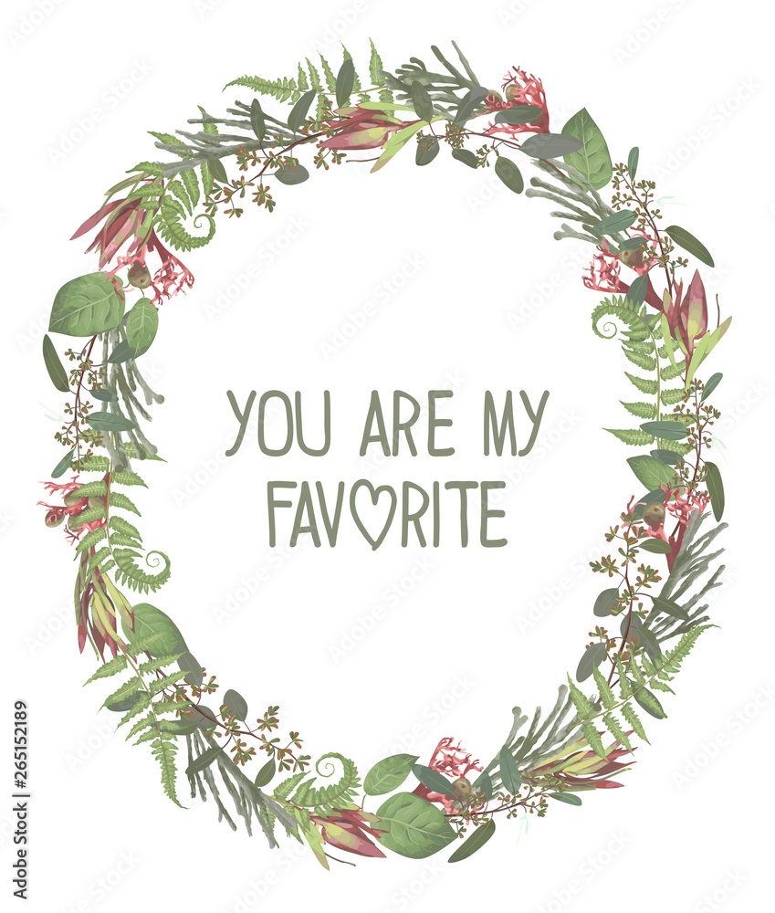 Wreath with flowers and leaves isolated on white background. Branches, brunia, eucalyptus, leucadendron, gaultheria, salal, jatropha. Invitations, oval cards. Design elements