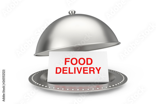 Paper with Food Delivery Sign in Restaurant Cloche. 3d Rendering photo