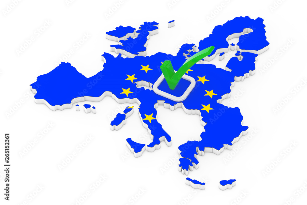 Fototapeta premium Voting in European Union Concept. Voting Green Check Mark Icon over Shape of European Union Map with Flag. 3d Rendering