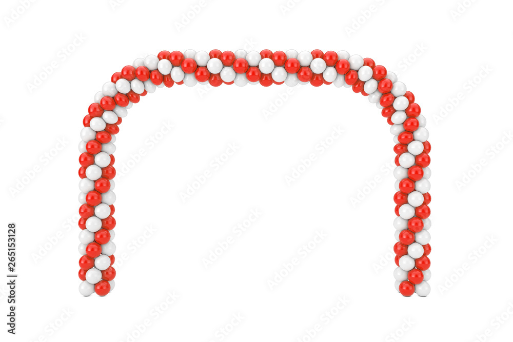 White and Red Balloons in Shape of Arc, Gate or Portal. 3d Rendering