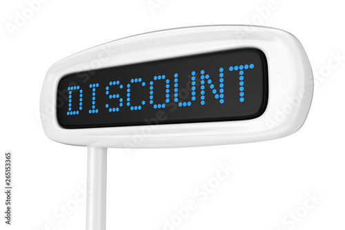 Abstract Cash Register Display Displaying Discount Blue Sign. 3d Rendering