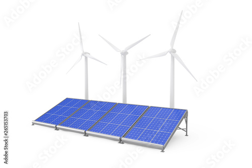 Solar Panels and Wind Turbines. 3d Rendering
