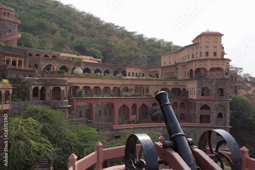 Canon facing the Neemrana Fort Palace in Rajasthan India