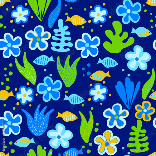 Seamless pattern for children with fishes and water plants. Cartoon underwater world, vector