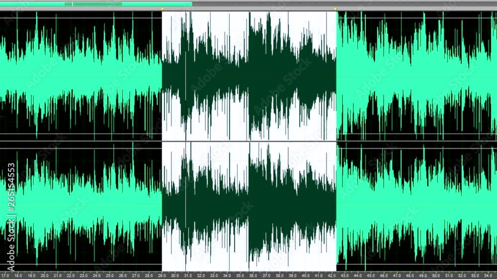 Digital audio. Wave form sound, visualization. Listening. Selection the recording area of audio