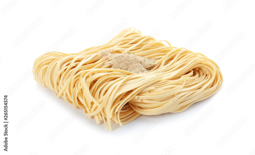 Block of quick cooking noodles with spices isolated on white Block of quick cooking noodles with spices isolated on white