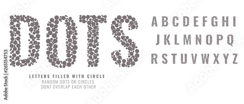 Set of capital letters made from dots or filled with circles. Creative fonts vector illustration.