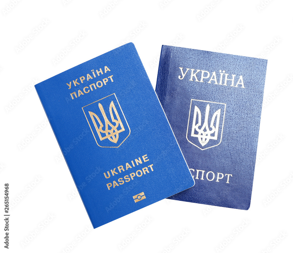 Ukrainian passports on white background, top view. International relationships
