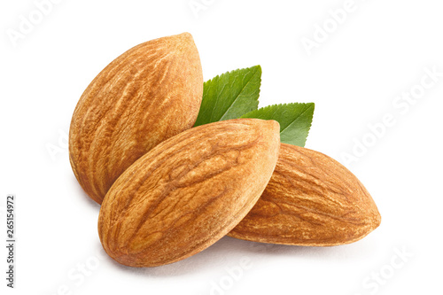 Close-up of three almonds, isolated on white background
