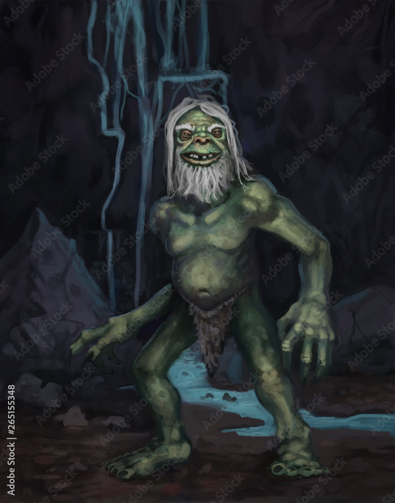 Green goblin creature in his underground cave environment in front of a stream - digital fantasy painting