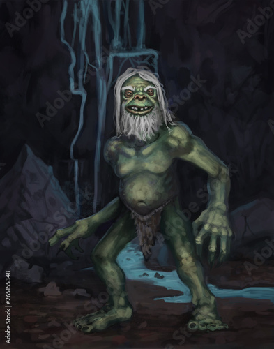 Green goblin creature in his underground cave environment in front of a stream - digital fantasy painting