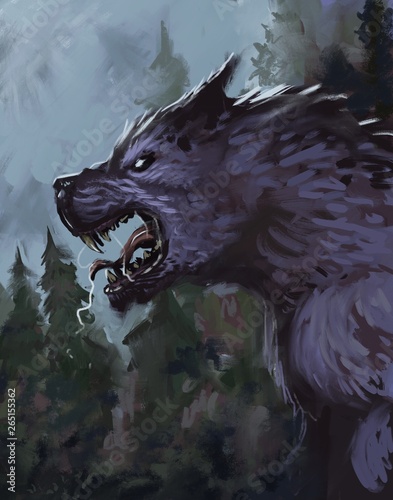 Canvas Print Werewolf in a wooded environment growling at the moon - digital fantasy painting