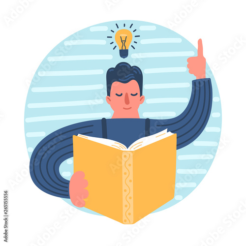 Man reading book with light bulb.