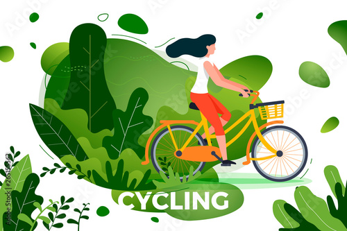 Vector illustration - bicycle riding girl. Park, forest, trees and hills on background. Banner, site, poster template with place for your text.