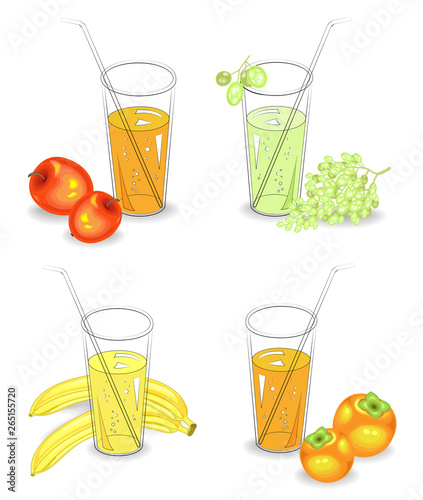 Collection. Glasses of natural fruit juice grapes and apple, and banana, andpersimmon. Vector illustration, set