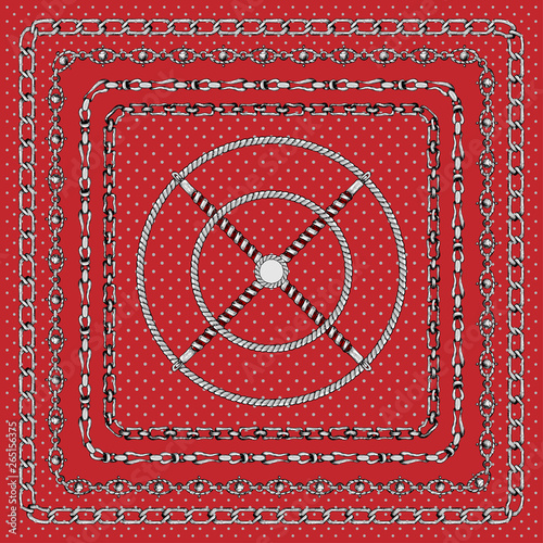 Border pattern with retro hand-drawn sketch silver chain on dark red background. Tranding drawing print for scarf or bandana.