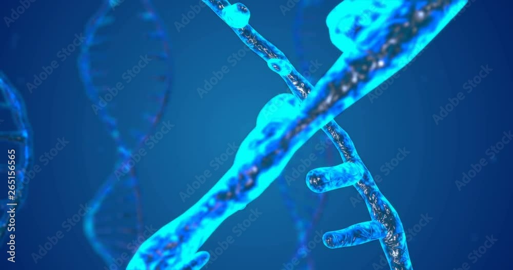 Abstract glittering DNA double helix with depth of field. Animation of DNA construction from debrises. Science animation. Genom futuristic footage. Conceptual design of genetics information. 4k
