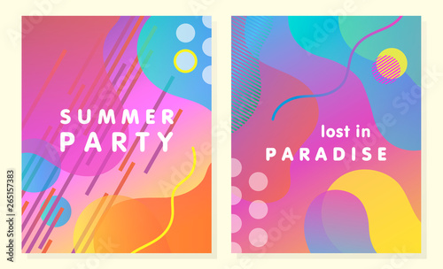 Unique artistic summer cards with bright gradient background,shapes and geometric elements in memphis style.Abstract design cards perfect for prints,flyers,banners,invitations,special offer and more.
