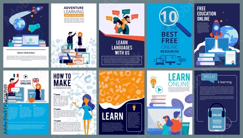 Education online covers. Posters or ads flyer template with educational concept teachers fro internet training courses vector design. Language course poster ad, e-leaning resourse illustration photo