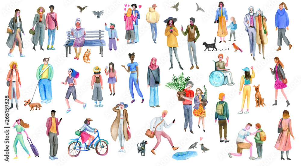 People group outdoor, watercolor sketches. Illustration of diverse stylish men and women.