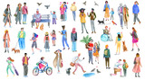 People group outdoor, watercolor sketches. Illustration of diverse stylish men and women.