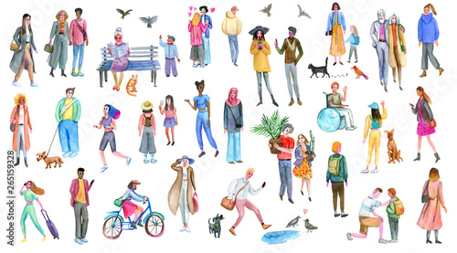 People group outdoor  watercolor sketches. Illustration of diverse stylish men and women.