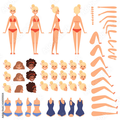 Summer character. Constructor of female in swimsuit on beach in various poses and emotions vector creation kit cartoon collection. Illustration of girl body, head and arm, leg and hand constructor