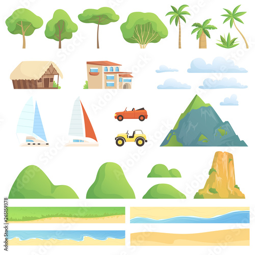 Landscape constructor. Rivers gardens houses transport mountains and hills trees vector cartoon creation kit collection. Constructor of mountain and plant, tree and river illustration