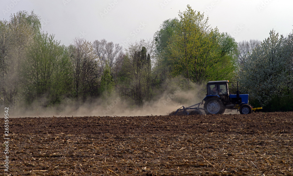 Fototapeta premium A small tractor cultivates a plowed field in the forest. Dust trail behind the tactor. Selective focus.
