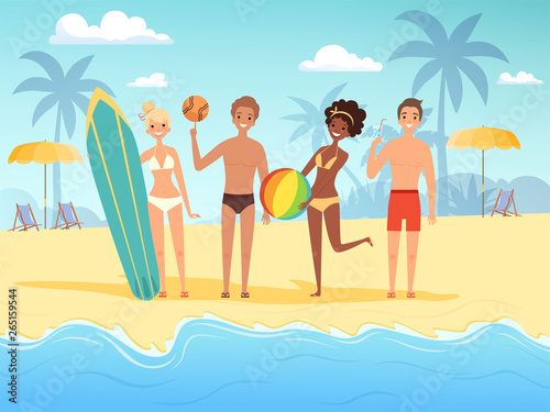 Summer travellers. Male and female happy people playing at the summer sunshine beach near ocean or sea vector background. People sea summer beach, activity playing on coast illustration