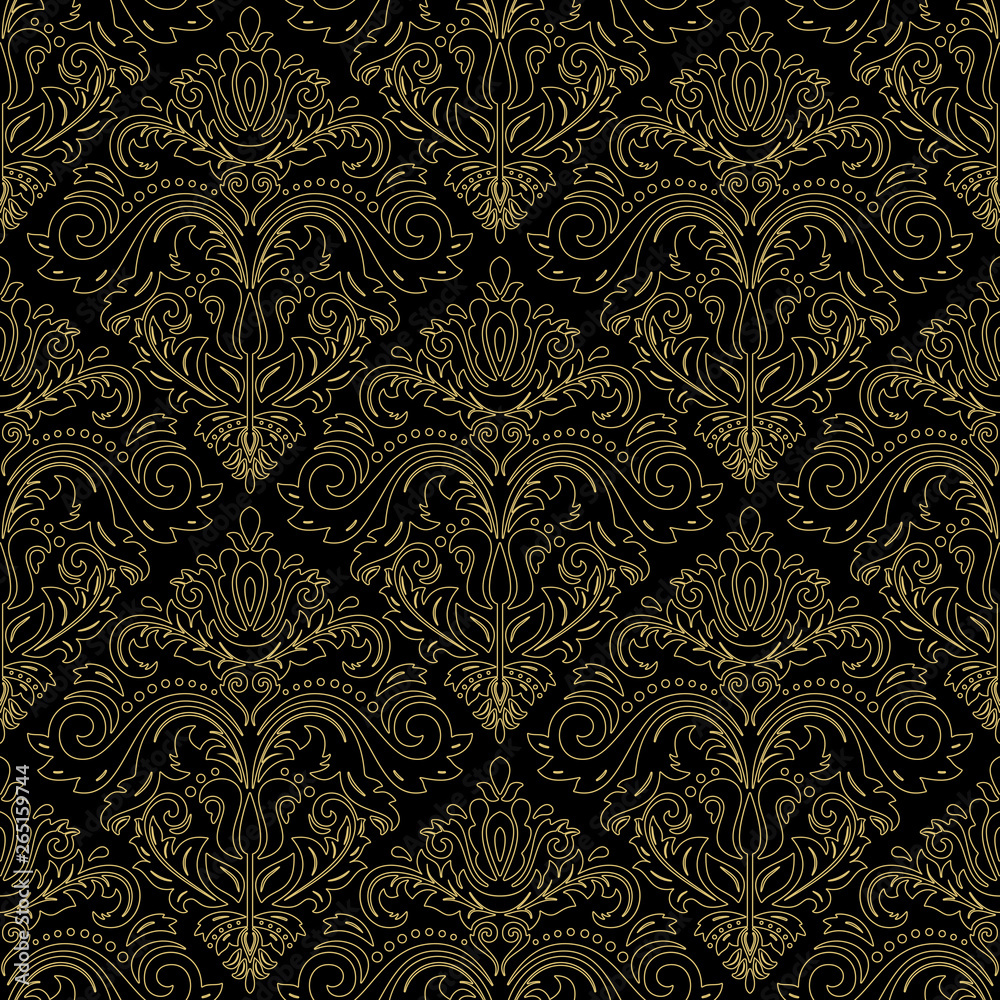 Classic seamless vector pattern. Damask orient black and golden ornament. Classic vintage background. Orient ornament for fabric, wallpaper and packaging Classic seamless vector pattern. Damask orient black and golden ornament. Classic vintage background. Orient ornament for fabric, wallpaper and packaging