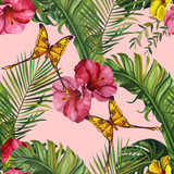 Watercolor tropical wildlife seamless pattern. Hand Drawn jungle nature, butterfly, hibiscus flowers illustration