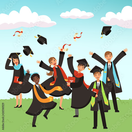 Happy international graduates with diplomas and graduation hats vector illustration. Illustration of university and school happy graduate students