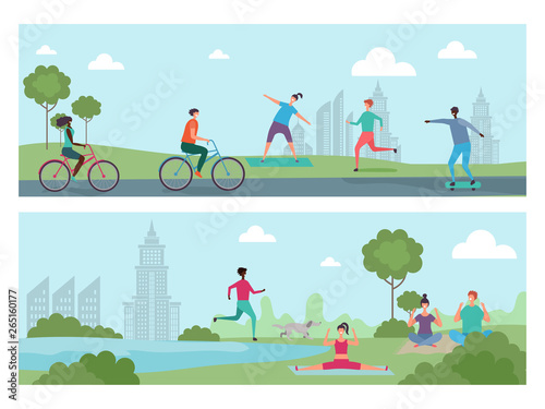 Sports people in the city park. Outdoor activity, international people riding bicycles, running, doing yoga vector illustration. Park city people bicycle and yoga